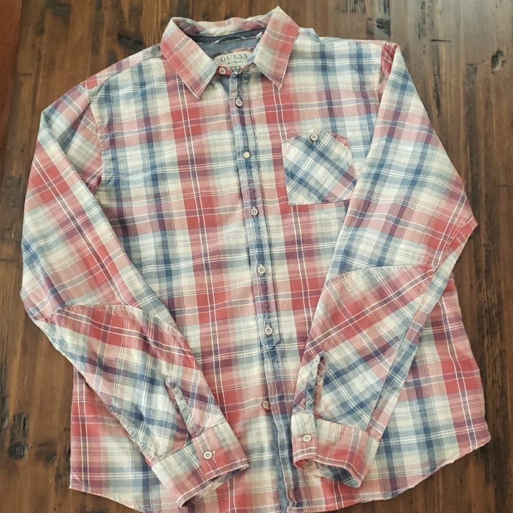 GUESS Men's Red and Blue Long Sleeve Button Up Clyde Plaid Shirt Size XL